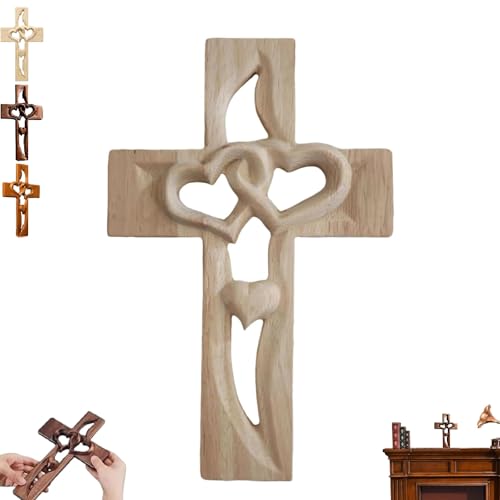 Generico Croce in legno con cuori intrecciati intagliati a mano, croce matrimoniale intagliata a mano da appendere come decorazione da parete, decorazione in legno a forma di cuore (01#)