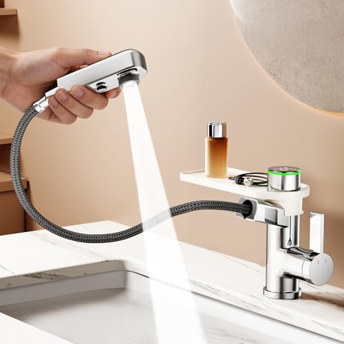 KAIYING Einhebelmischer Waschtischarmatur mit Herausziehbarer Brause Bad Wasserhahn Ausziehbar mit 3 Modi Einloch Mischbatterie Waschbecken mit Temperaturanzeige (Batterielos) (Chrom)