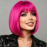 YOUNIGA Hot Pink Bob Wig With Bangs 12 Inch Short Synthetic Fiber Bob Wigs for Women Short Bob Wigs and Halloween Cosplay Wig for Daily Life Colorful Wigs With One Cap (Hot Pink)
