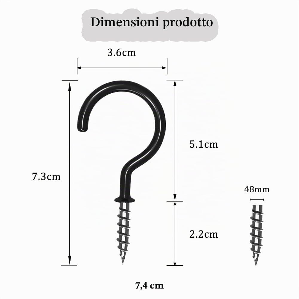 16 Pezzi Ganci a Tazza - Nero Ganci per Soffitto in Metallo Gancio a Vite Rivestito in Plastica Ganci Avvitabili Ganci per Appendere Tazza Piante Luci - 2.9 Inch