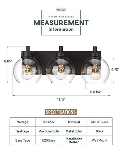 Image of Bathroom Light Fixtures, 3-Light Matte Black Vanity Light, Modern Wall Sconces with Clear Glass Globe Shade, Bathroom Wall Lights for Mirror Kitchen Bedroom Hallway, VL195-MB-3