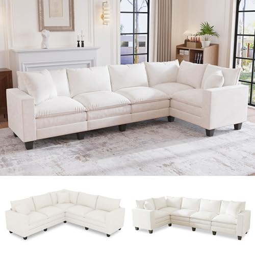 Image of 126 inch L Shaped Sectional Couch, Comfy Chenille Cloud Couch, 5 Seat Modular Cloud Sofa with 2 Pillows & Storage Armrests, Convertible V Shaped Corner Couch, Sectional Couches for Living Room, Beige