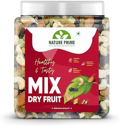 Nature Prime 100% Natural Premium Mix Dry Fruits 1kg with Almonds | Cashew | Kishmish | Apricot | Black Raisins | Dried Kiwi | Nuts and Dry Fruits 1 Kg (Jar pack)