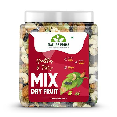 Nature Prime 100% Natural Premium Mix Dry Fruits 1kg with Almonds | Cashew | Kishmish | Apricot | Black Raisins | Dried Kiwi | Nuts and Dry Fruits 1 Kg (Jar pack)
