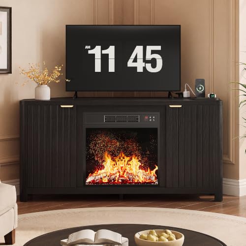 Corner Fireplace TV Stand for 55" TV, Fluted Entertainment Center, Black