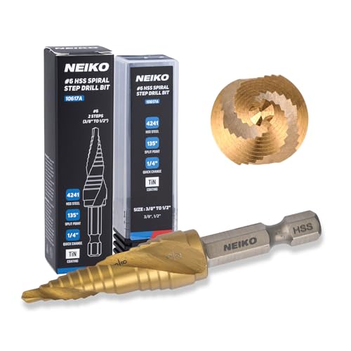 Image of NEIKO 10617A Step Drill Bit, 2 Steps 3 /8 inch to 1 /2 inch Spiral High Speed Steel, Titanium Nitride Coated, 1 /4 inch Quick Change Step Bits for Steel, Metal, Wood, Plastic, Unibit Cone Drill Bits, Two Flute