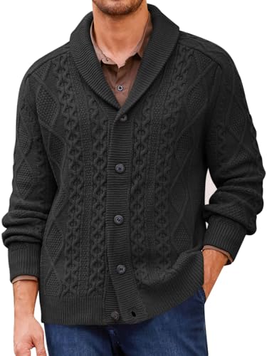 Image of Runcati Mens Shawl Collar Cardigan Sweater Cable Knitted Button Down Sweaters Chunky Fall Winter Outwear Black