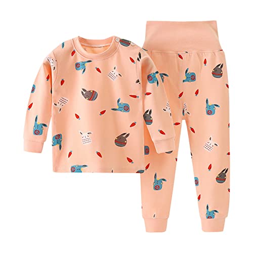 Pijamas macios para bebês e meninas com estampa de desenhos animados e cintura alta e manga comprida