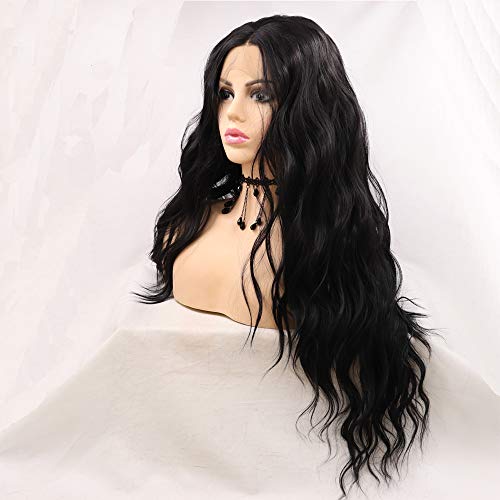 Xiweiya Long Black Wavy Synthetic Lace Front Wig - Middle Part Soft Hair Replacement for Women Drag Queen Makeup 24 inch