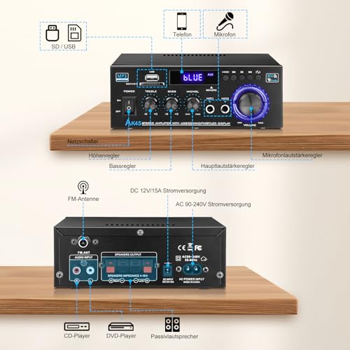 Image of KKMOL - Hifi Stereo Amplifier, AK45 Mini Bluetooth Radio Audio Amplifier Receiver, Wiimp Amp, 12V /220V, 400W, 2 Channels, Digital Sound Amplifier with USB, SD Card, Remote Control
