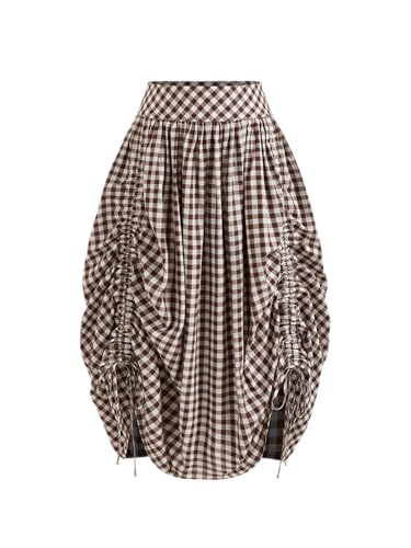 CIDER Skirts for Women Gingham Maxi Skirt Plaid A Line Mid Waist Drawstring Ruffle Hem Long Skirt Casual