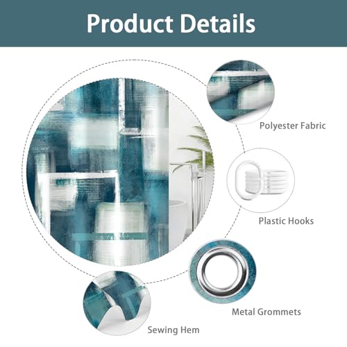 Moyrisou Boho Teal Blue and White Abstract Shower Curtain 72x72in, Retro Rustic Waterproof Fabric Polyester Bathroom Decor Turquoise Aqua Gray Modern Geometric Art Oil Painting with 12 Hook by Moyrisou - Used condition - Image 6