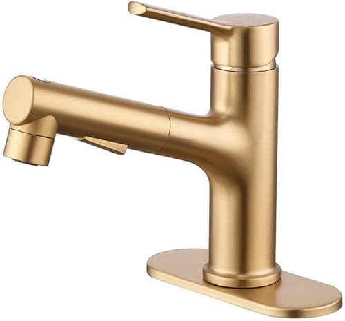 Grifo de lavabo de baño de oro cepillado con rociador extraíble de una sola manija, grifo moderno de latón macizo para fregadero de baño, placa de