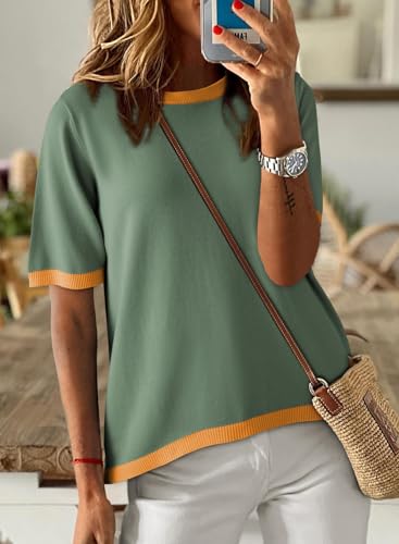 Image of Dokotoo Womens Tops 2026 Casual Summer Crewneck Short Sleeve Striped Color Block Knit High Low Trendy Pullover Sweaters