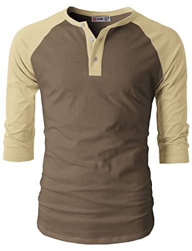 H2H Men's Slim Fit Henley Raglan 3/4 Sleeve Baseball Jersey Knit T-Shirt with Colorblocked Combos BROWNBEIGE US 2XL/Asia 3XL (CMTTS0174) - Thumbnail 2
