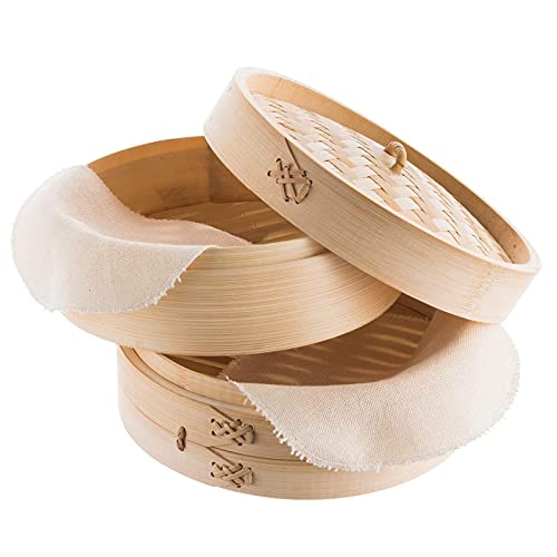 LTLWSH Bamboo Steamer Handmade 2 Tier Food Steamer Baskets, Healthy Cooking for Dim Sum Dumplings, Vegetables, Buns, Chicken, Fish & Meat,18cm
