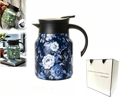 Raidley Vintage Floral Design Tea Thermos, Doresty Tea Pot with Built-In Infuser, Stainless Steel Thermal Carafe for Hot Beverages (Blue, Plastic Handle)