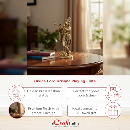 Image of eCraftIndia Golden Brass Lord Krishna Idol Playing Flute | Krishna Statue for Home Living Room Office