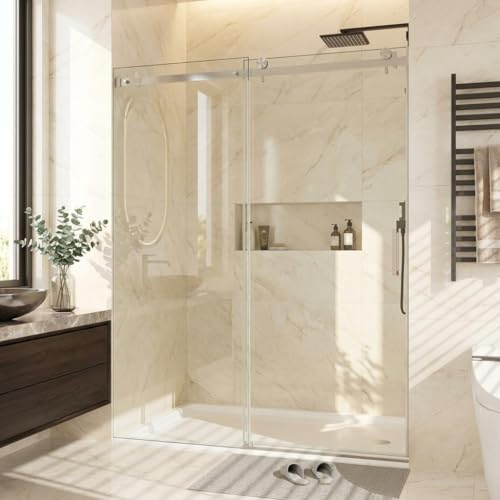 Image of 56-60 inch W x 76 inch H Frameless Sliding Shower Door, 1 /4 inch (6mm) Tempered Glass with Explosion-Proof Film, Brushed Nickel Bypass Shower Door with Seal Strips