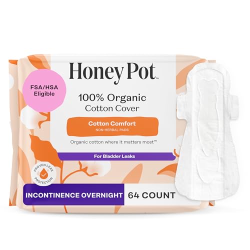 Image of The Honey Pot Company - Cotton Comfort - Overnight Incontinence Pads | Organic Cotton Cover w /Wings - Bladder Leak Control - No Fragrance, Ultra-Absorbent Pulp Core - Feminine Care - 64ct