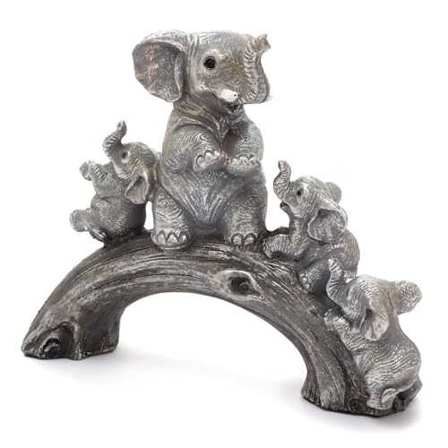 Silver Resin Elephant Statue, Cute Lucky Elephant with 3 Baby Elephants on Wooden Bridge Figurines Decor for Home Living Room, Office, Wedding, Party, More!