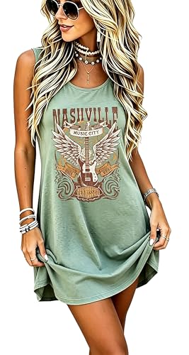 Image of Nashville Sundresses Women Summer Rock Band Sun Dresses Vintage Country Concert Tank Dress Country Music Shirt Dress(X-Large,Green-1)
