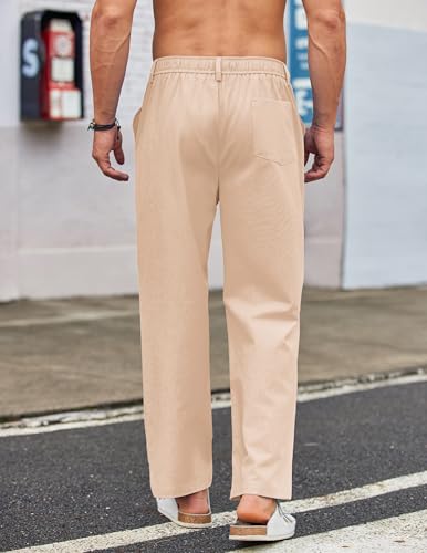COOFANDY Men's Casual Linen Pants Summer Beach Dress Pants Loose Fit Expandable Waist Trousers with Pockets Beige2