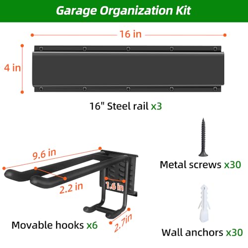 Image of PIYILO Garage Tool Organizer Wall Mount with 48 inches Rails and 6 Double-layer Hooks, Garden Tool Rack Heavy Duty, Garage Hanging Storage Rack For Yard Tools, Shovel, Shed