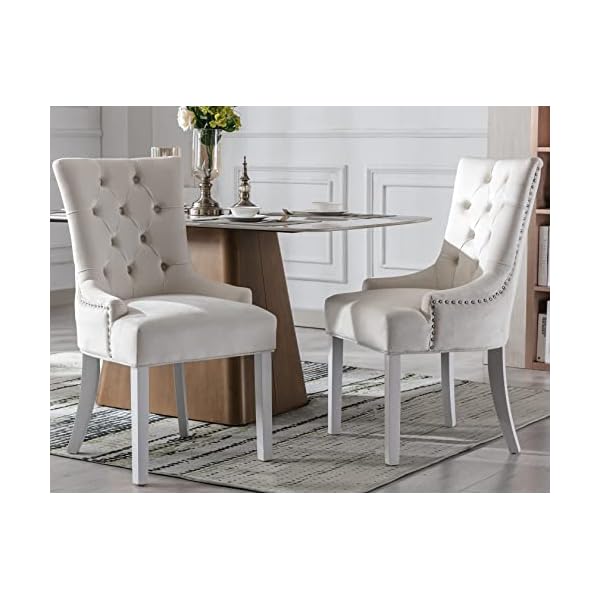 Kmax velevt dining chairs set of 2 upholstered side chairs mid century modern accent chairs with button tufted white wood legs for dining room guest room restaurant cream  urban country home decor
