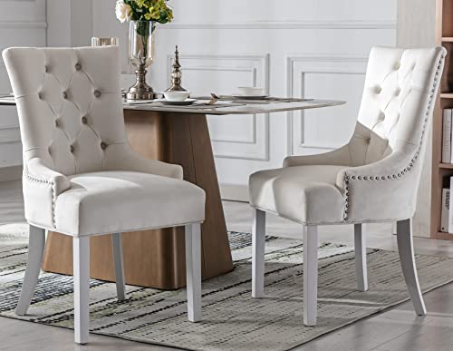 Kmax Velevt Dining Chairs Set of 2 Upholstered Side Chairs Mid Century Modern Accent Chairs with Button Tufted White Wood Legs for Dining Room Guest Room Restaurant Cream