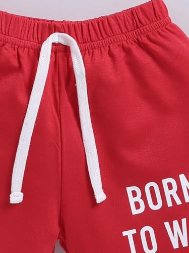 Image of LITTLE NINJA Pure Cotton Knee Length Half Sleeve Solid Chest Printed Tee & Shorts Set - Red 0-6M