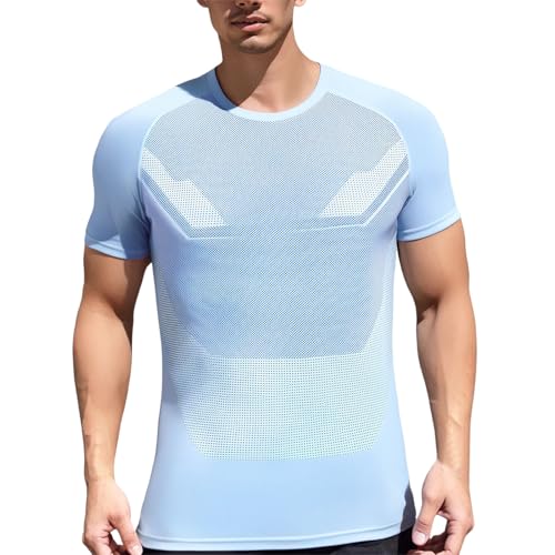 Camiseta de compresión para hombre, de manga corta, de secado rápido, cuello redondo, camiseta de compresión, corte ajustado, elástico, camiseta de entrenamiento, azul claro, XL