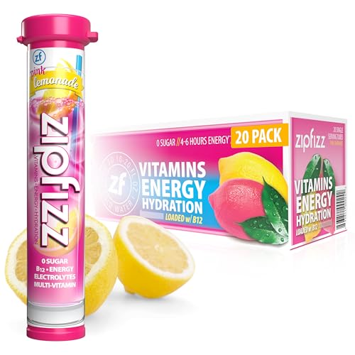 Zipfizz Energy Drink Mix, Electrolyte Hydration Powder with B12 and Multi Vitamin, Pink Lemonade (20 Pack)