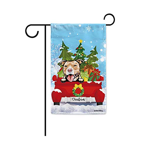 MALIHONG Merry Christmas Snow Dog Garden Flag Funny Pit Bull Dog in Red Retro Truck with Christmas Tree Gifts Snowflake Small Flag Outdoor Yard Home Decor 12.5X18 Inch Double Sided