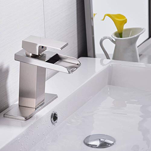Homevacious Bathroom Faucet Brushed Nickel Waterfall Sink With Pop Up Drain Single Hole Vanity Satin Sink Lavatory One Handle Basin Mixer Tap With Overflow Supply Line