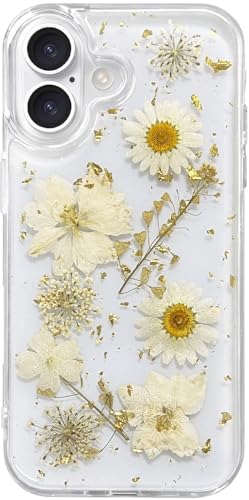Abbery Custodia per iPhone 17, con brillantini, motivo oro trasparente, con veri fiori secchi, design trasparente, in TPU, per donne e ragazze, graziosa custodia protettiva antiurto (bianco)
