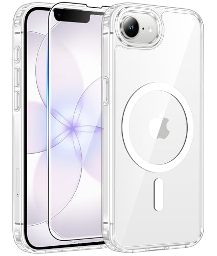 FNTCASE for iPhone 17e Case: iPhone 16e Phone Case[Compatible with Magsafe] [Screen Protector] Anti Yellowing Transparent Clear Magnetic Phone Cover - Military Grade Shockproof Cases - Clear