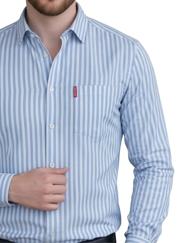 Image of MILDIN Men's Pure Cotton Striped Printed Shirt with Spread Collared Neck Full Sleeve Curved Hemline Button Closure and Regular Fit | Shirt for Man