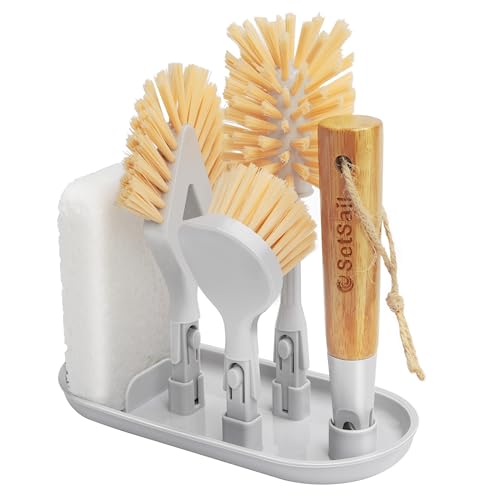 Setsail Dish Brush Set With Storage Holder, 4-In-1 Kitchen Cleaning Brush Set With 2 Interchangeable Brush Heads&Scrub Sponge Bamboo Handle Bottle Brush, Dish Scrub Brush And Corner Brush For Kitchen #TOP7