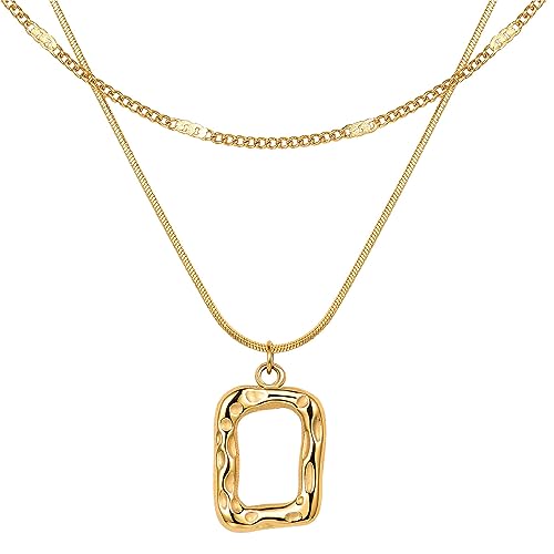 Evabelle Gold Layered Necklace for Women Trendy Jewelry 14K Real Gold Plated Chunky Chain Stackable Necklaces Dainty Choker Necklaces Rectangle Square Pendant