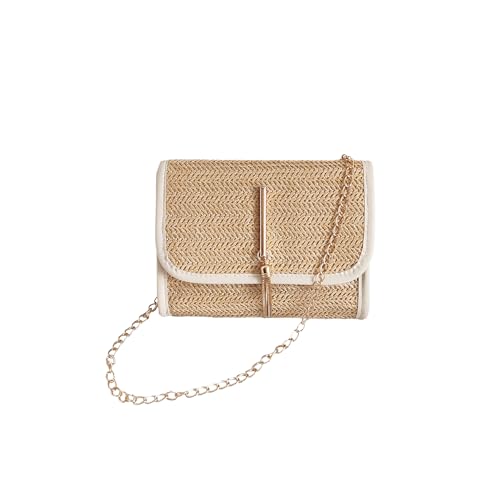 Straw Crossbody Bag for Women, Small Purse Casual Beach Rattan Clutch Summer Vacation Wristlet Wallet Chain Strap with Tassel Woven Hobo Leather Shouder Bag, Beige (7.1''L X5.7''W X1.6''H)