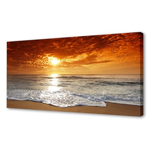 Muolunna S04698 Canvas Prints Wall Art Sunset Ocean Beach Pictures Paintings for Living Room Bedroom Home Decorations Framed Ready to Hang Seascape Waves Artwork