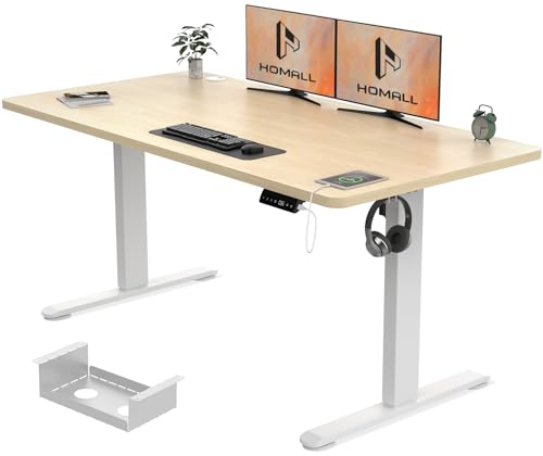 Homall Height Adjustable Electric Standing Desk 140x70cm with USB Charging Sit Stand Desk with Time Reminder Stand up Table 3 Memory Setting Electric Desks Wire Management Tray,Beige