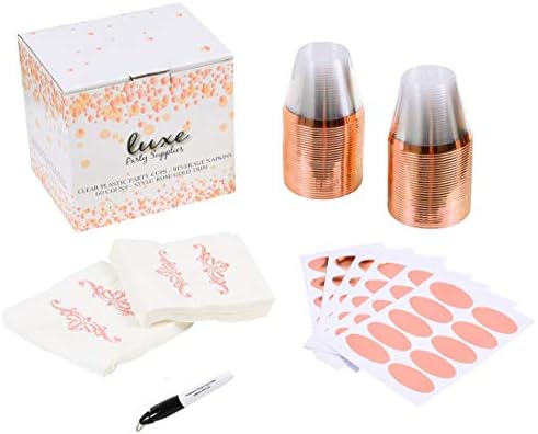 9 Oz Rose Gold Rimmed Plastic Party Cups and Napkin Set (Pack of 60 Each) ~ Fancy Disposable Wine Glasses with Rose Gold Rim ~ Includes 60 Cup Labels and 1 Marker