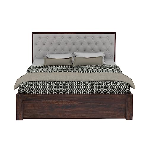 Image of Ganpati Arts Solid Sheesham Wood Decan Queen Size Bed with Hydraulic Storage and Upholstery Headboard (Walnut Finish)