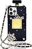 ZCMMF Compatible with iPhone 14 Pro Max Perfume Bottle Case Luxury Bling Diamond Rhinestone Cute for Women Girls Elegant Glitter Shiny Crystal Crown Love Gem Flower with Crossbody Strap Case Black