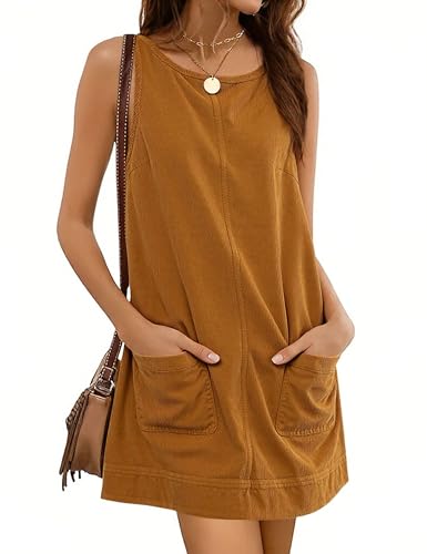 Image of Hooever Women's Corduroy Overall Dress Round Neck A Line Skirtall Jumper Mini Dress Pinafore with Pockets