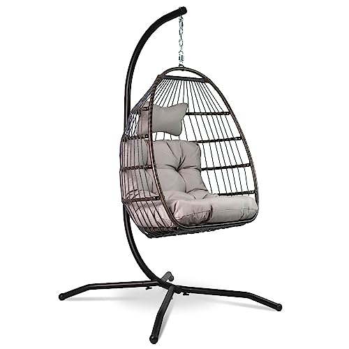 VITA5 Fauteuil Oeuf Suspendu Jardin avec Cadre en Acier - Balançoire Suspendue en Rotin - avec Grand Coussin et Appuie-Tête – Chaise Exterieur Terrasse...