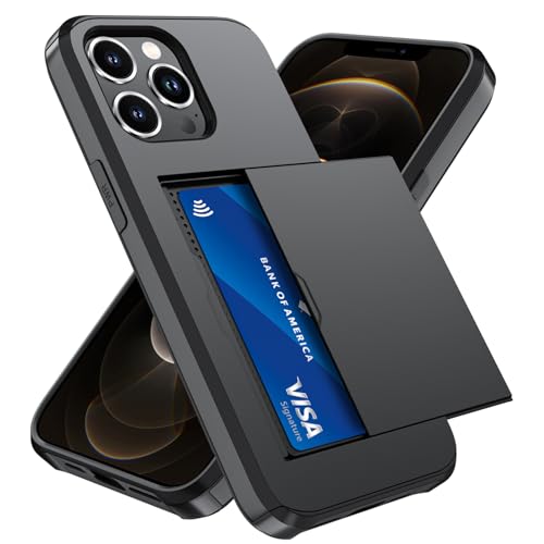 Qinmay Compatible with iPhone 12 Pro Max Case with Card Holder Dual Layer Shockproof Heavy Duty Protective Hidden Slot Slim Wallet Phone CoverBlack