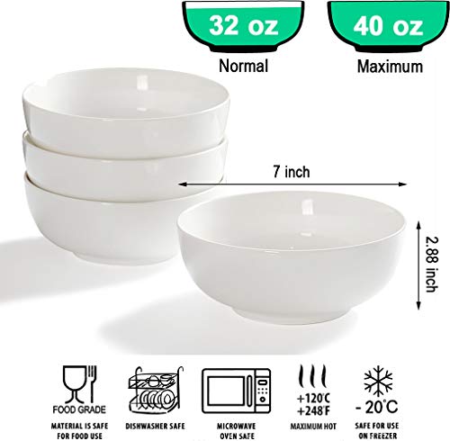 40 Ounces Soup Bowls, Salad Bowls, Cereal Bowls, Pasta Bowls, Pho Bowls, Durable Porcelain Off White Bowls Set Of 4, 7 Inch #TOP1